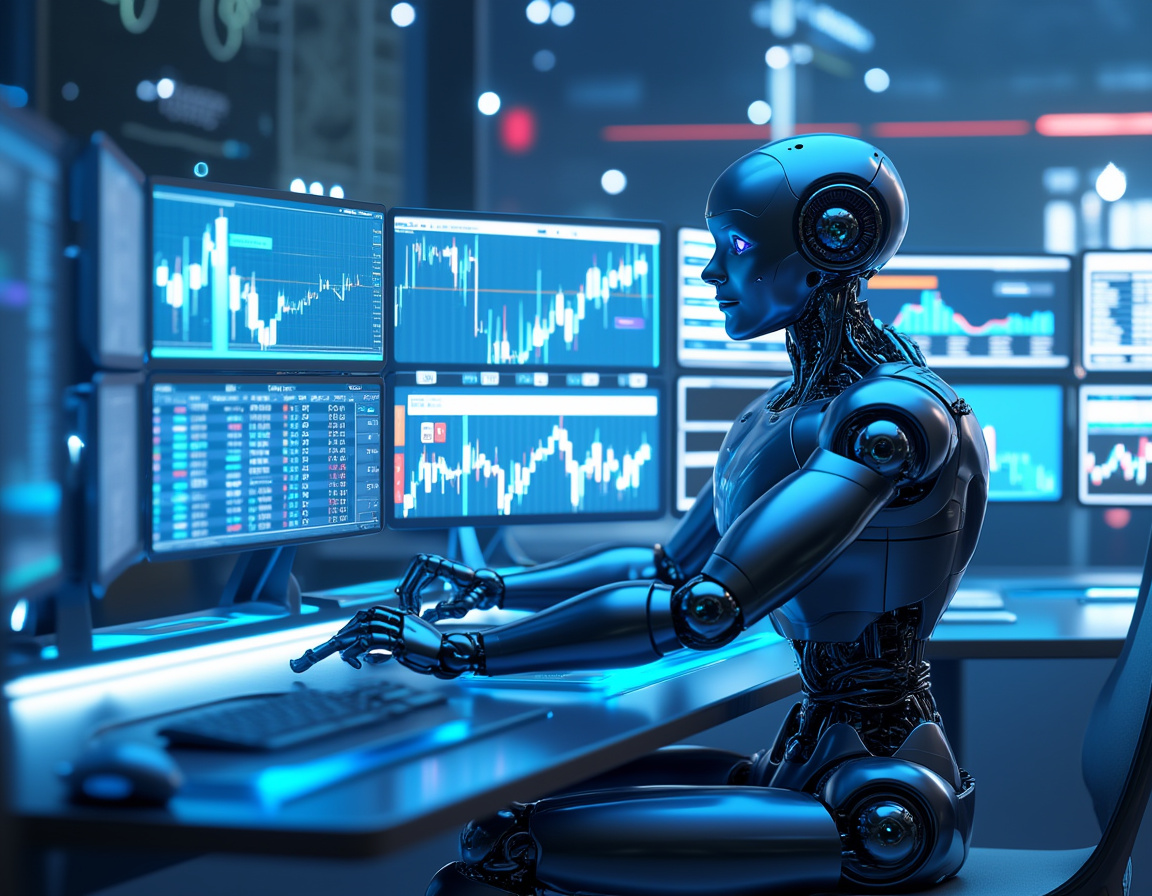 A sleek humanoid AI trading bot analyzes market data at a high-tech workstation, displaying trends.