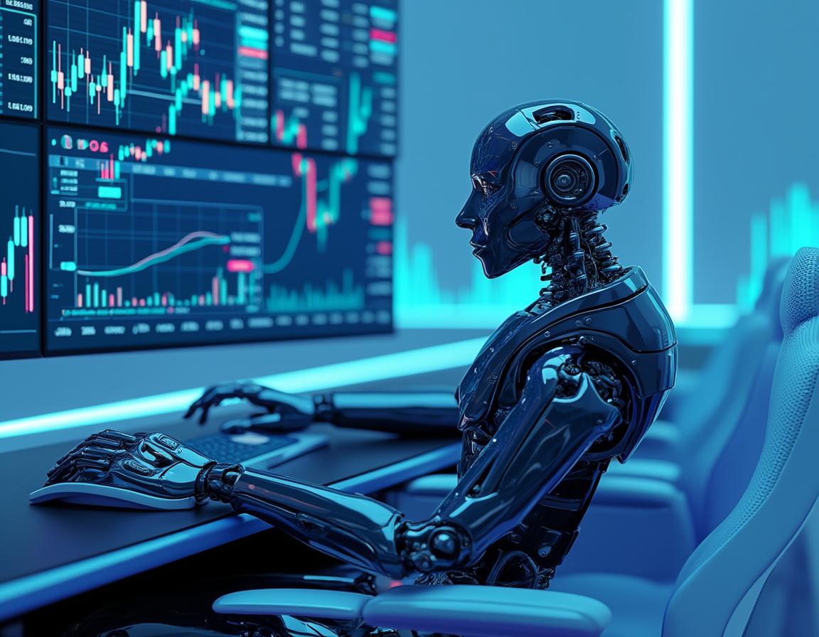 A humanoid AI trading bot at a sleek workstation, analyzing market data on multiple vibrant screens.