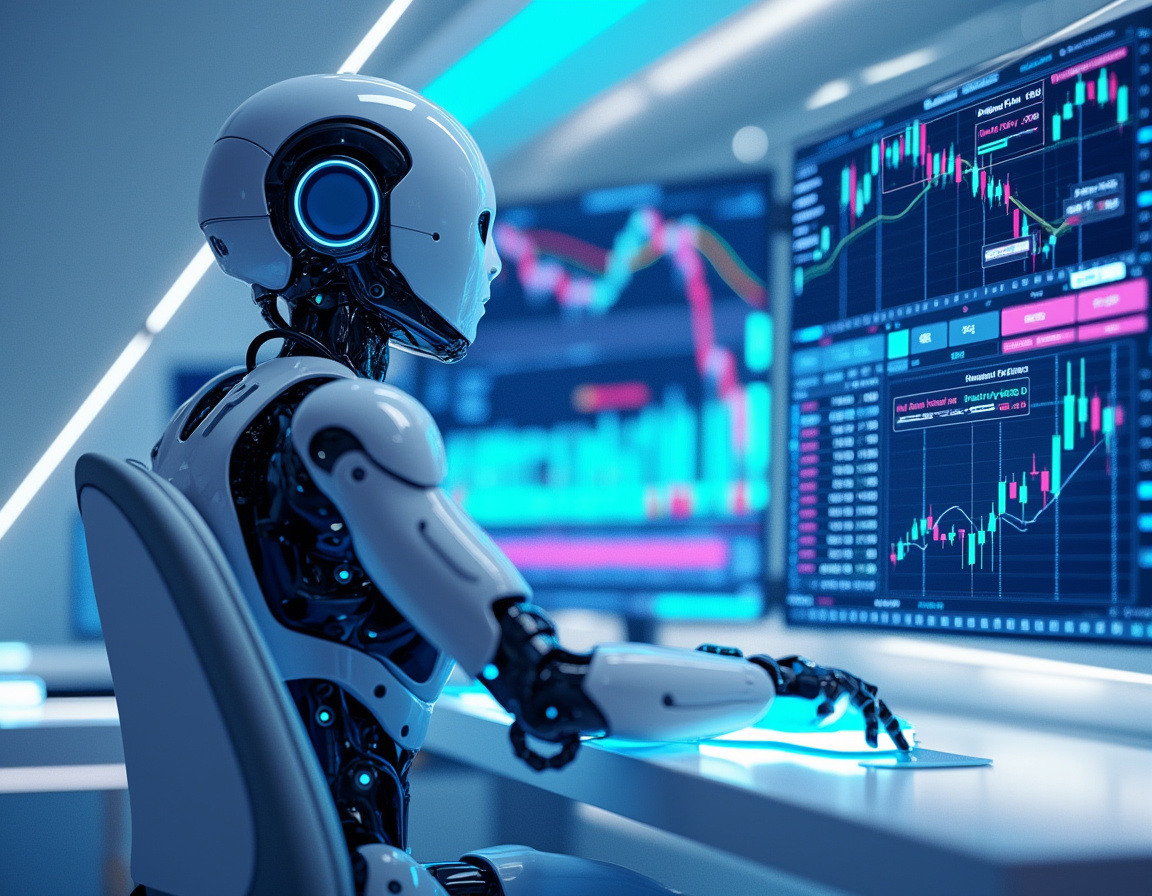A hyper-realistic AI trading bot analyzes market data on multiple screens in a futuristic workspace.