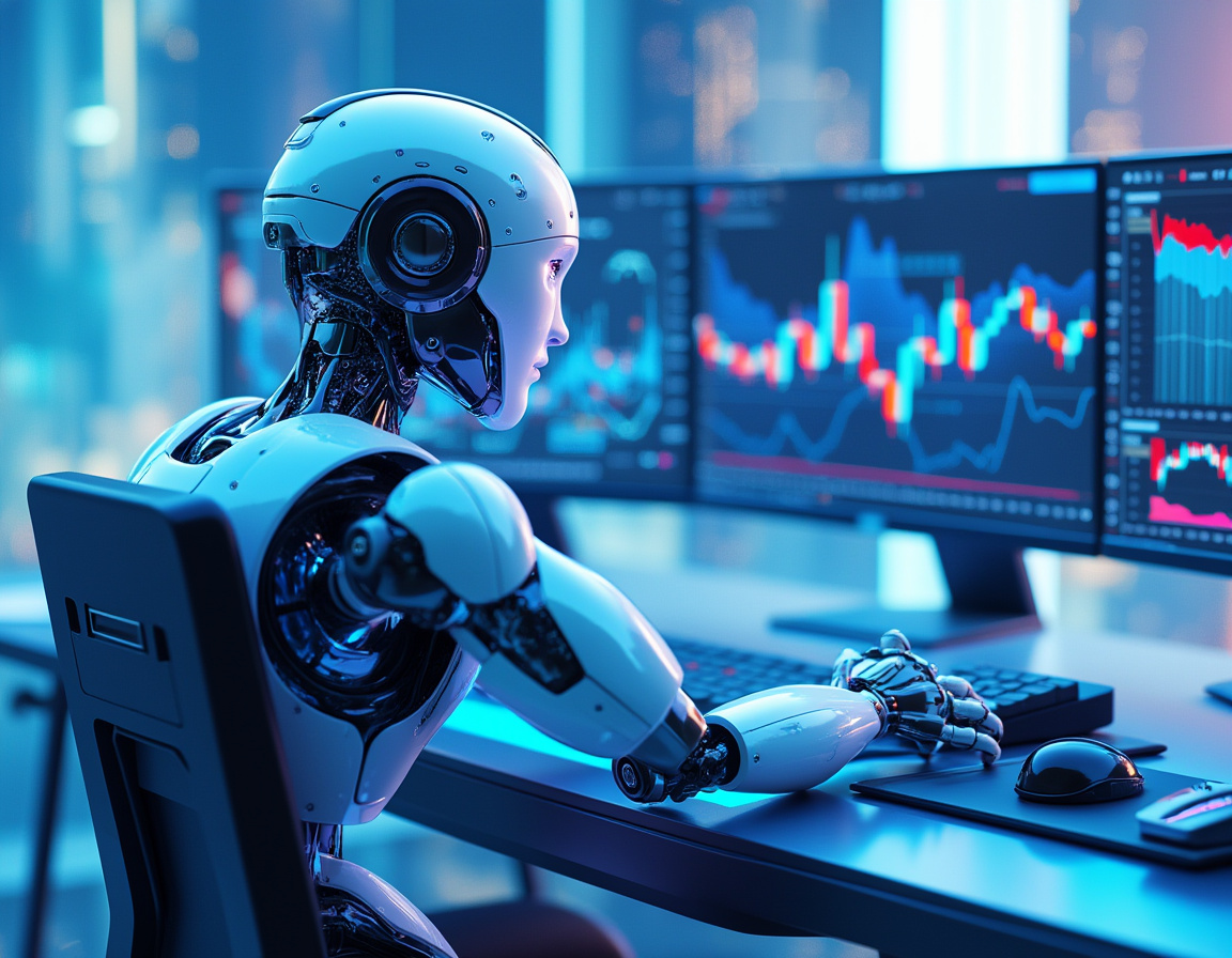 A hyper-realistic AI trading bot at a workstation, analyzing market data on multiple screens.
