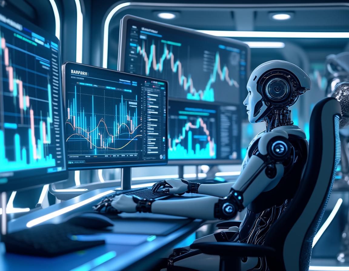 A hyper-realistic AI trading bot at a tech workstation analyzing market data with multiple screens.