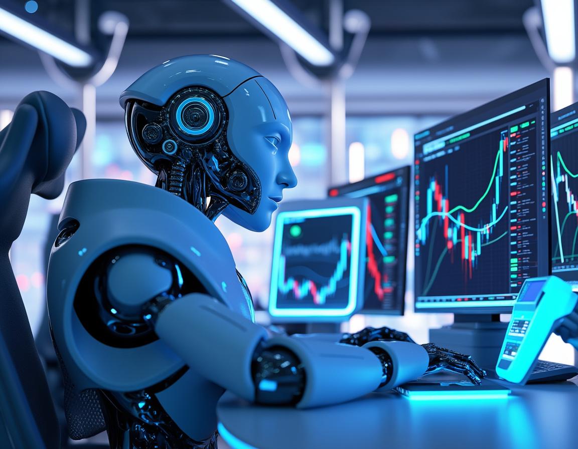 A humanoid AI trading bot analyzes market data at a high-tech workstation with dynamic screens.