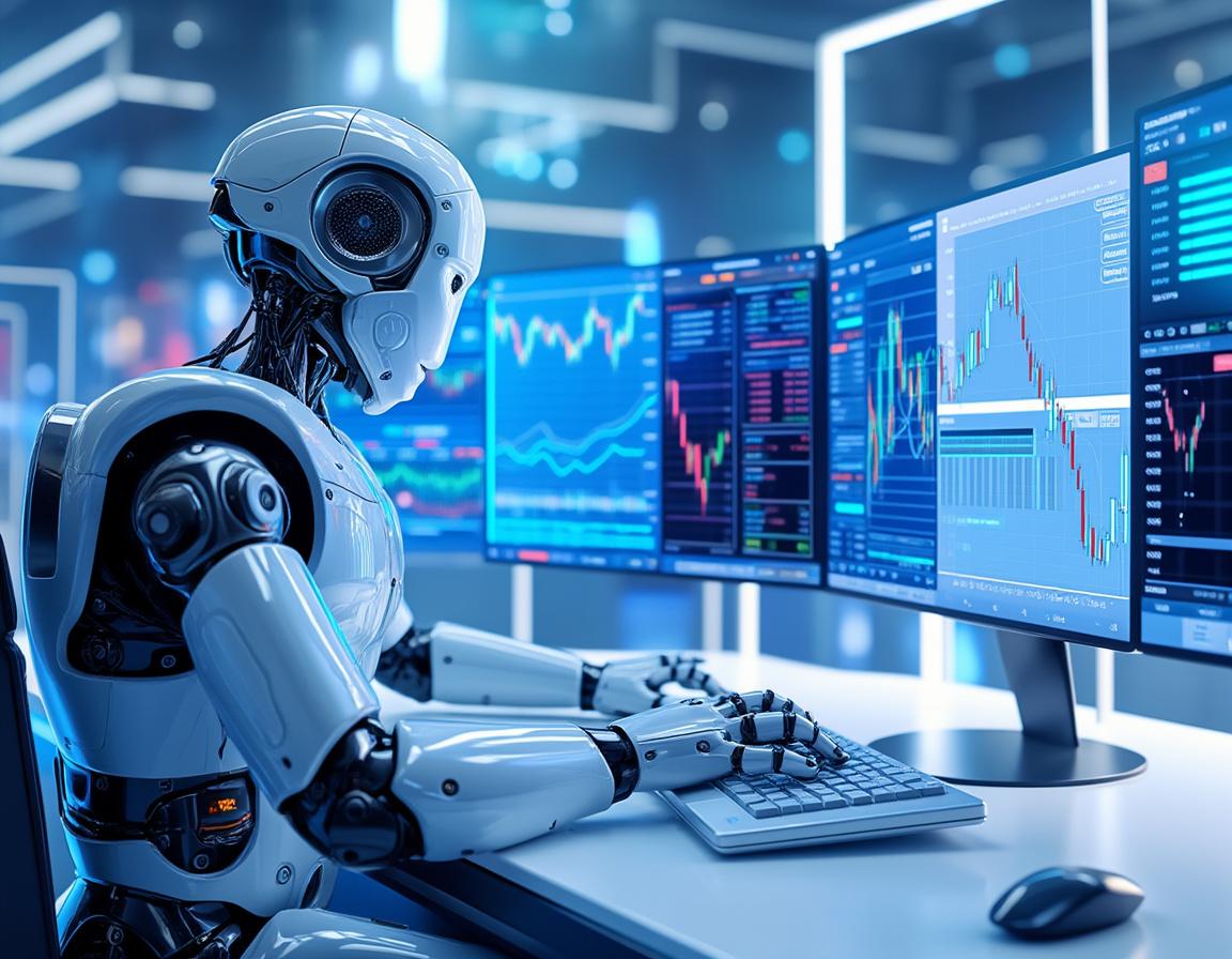 A hyper-realistic AI trading bot analyzes market data at a sleek workstation with multiple screens.