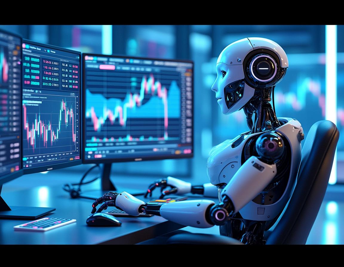 A hyper-realistic AI trading bot analyzes multiple market data screens in a futuristic setting.