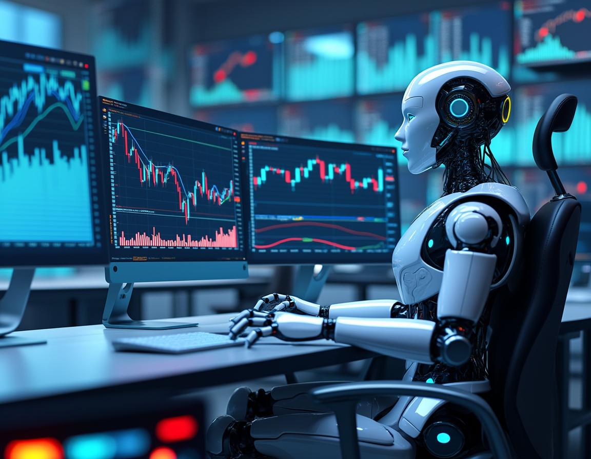 A hyper-realistic AI trading bot at a workstation, analyzing market data on multiple screens.