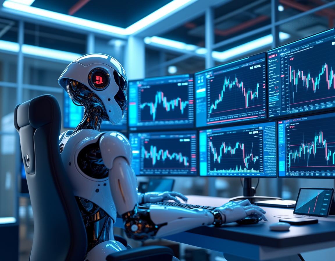 A futuristic humanoid AI trading bot at a workstation analyzing market data via multiple screens.