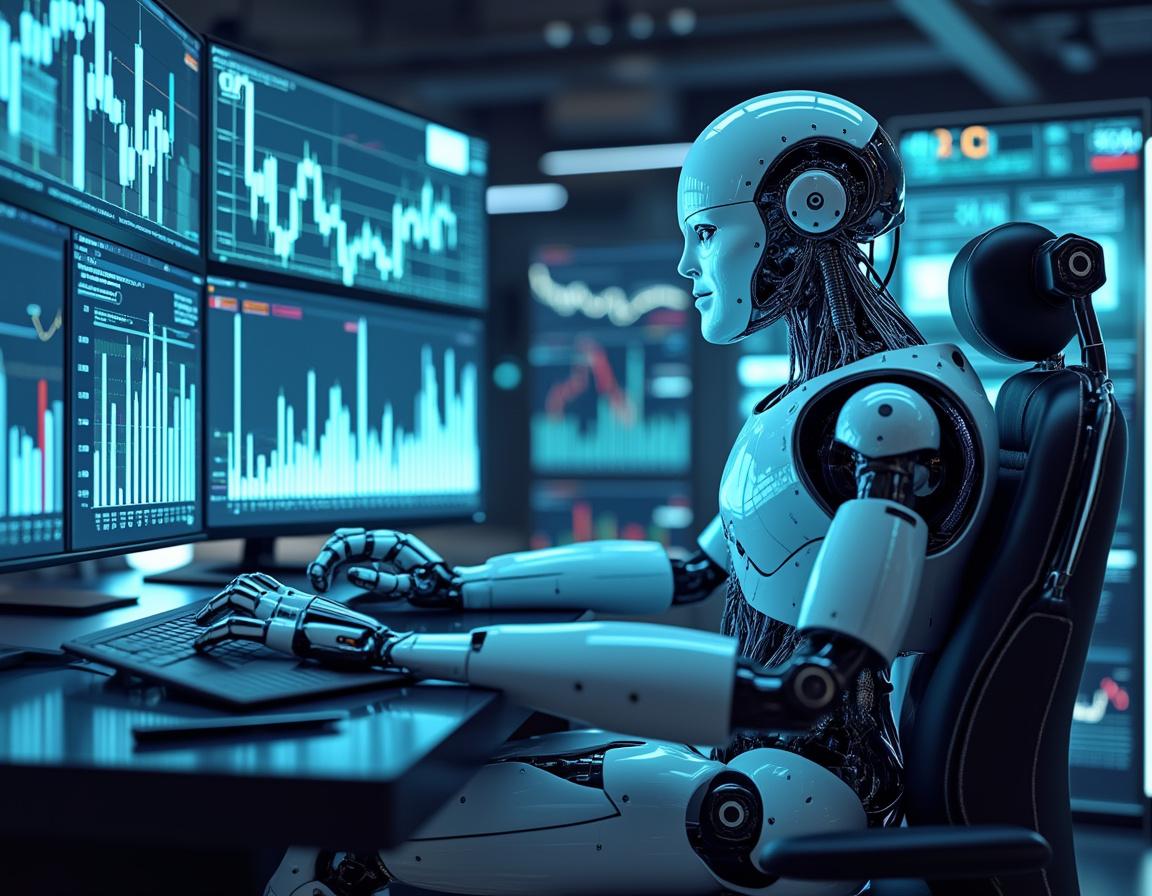 A hyper-realistic AI trading bot analyzing market data on multiple screens in a futuristic setting.