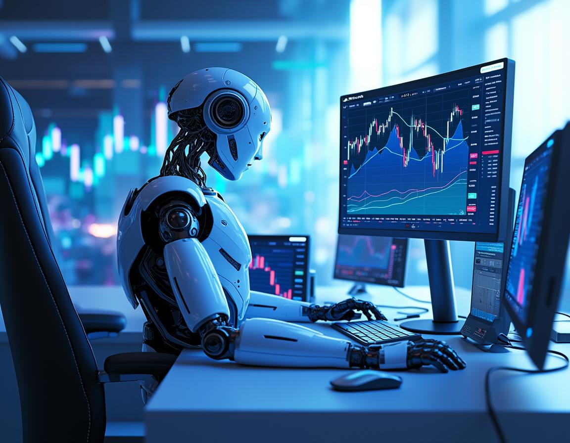 A humanoid AI trading bot at a high-tech workstation analyzes market data across multiple screens.