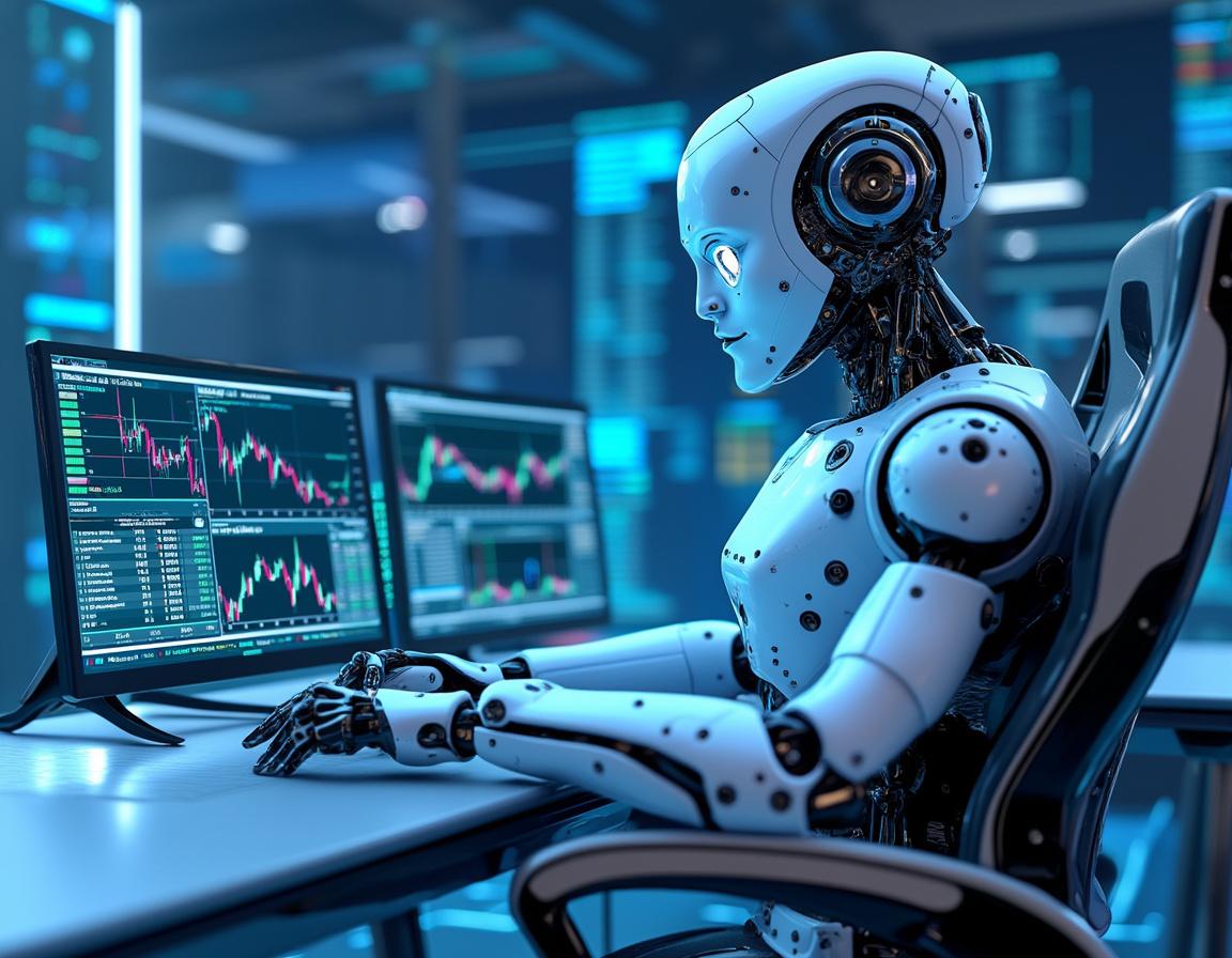 A hyper-realistic AI trading bot at a workstation analyzing market data in a futuristic environment.