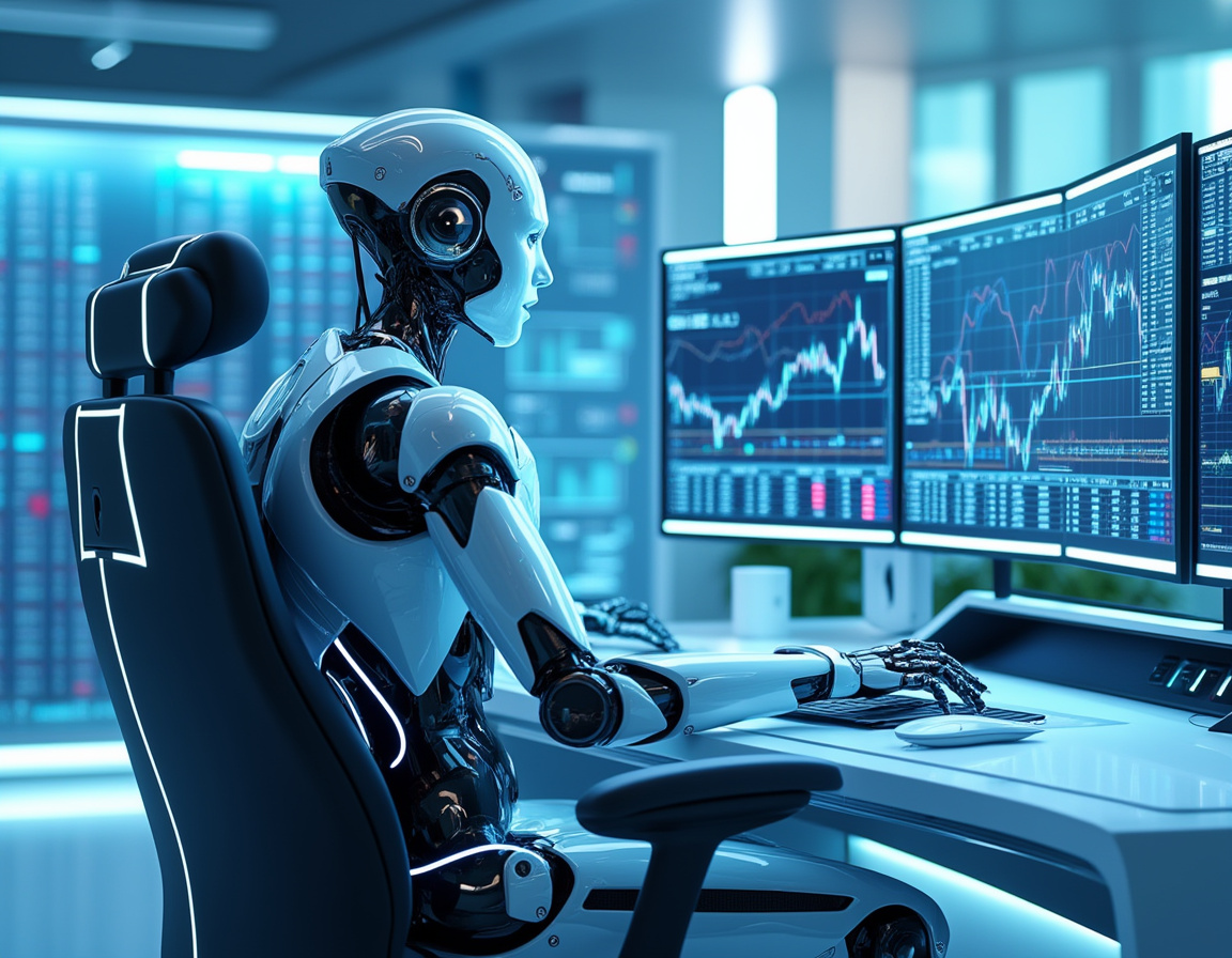 A hyper-realistic AI trading bot seated at a workstation, analyzing crypto and stock market data.