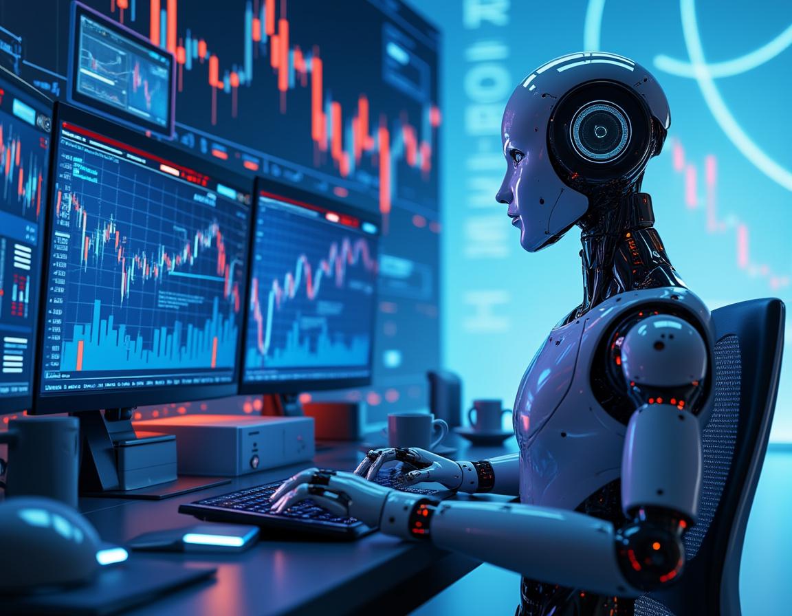 A hyper-realistic humanoid AI trading bot analyzes market data in a futuristic trading environment.