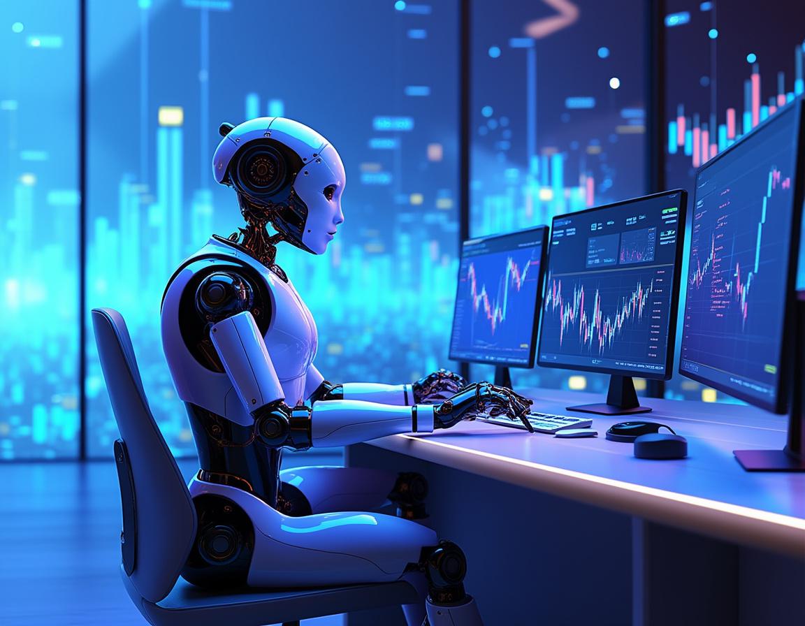 A hyper-realistic AI trading bot analyzes market data at a high-tech workstation with screens.