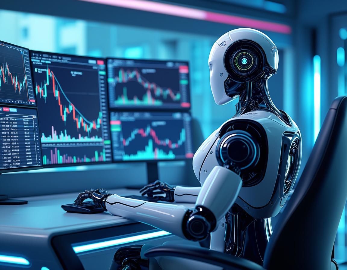 A hyper-realistic AI trading bot analyzes market data on multiple screens in a futuristic setting.