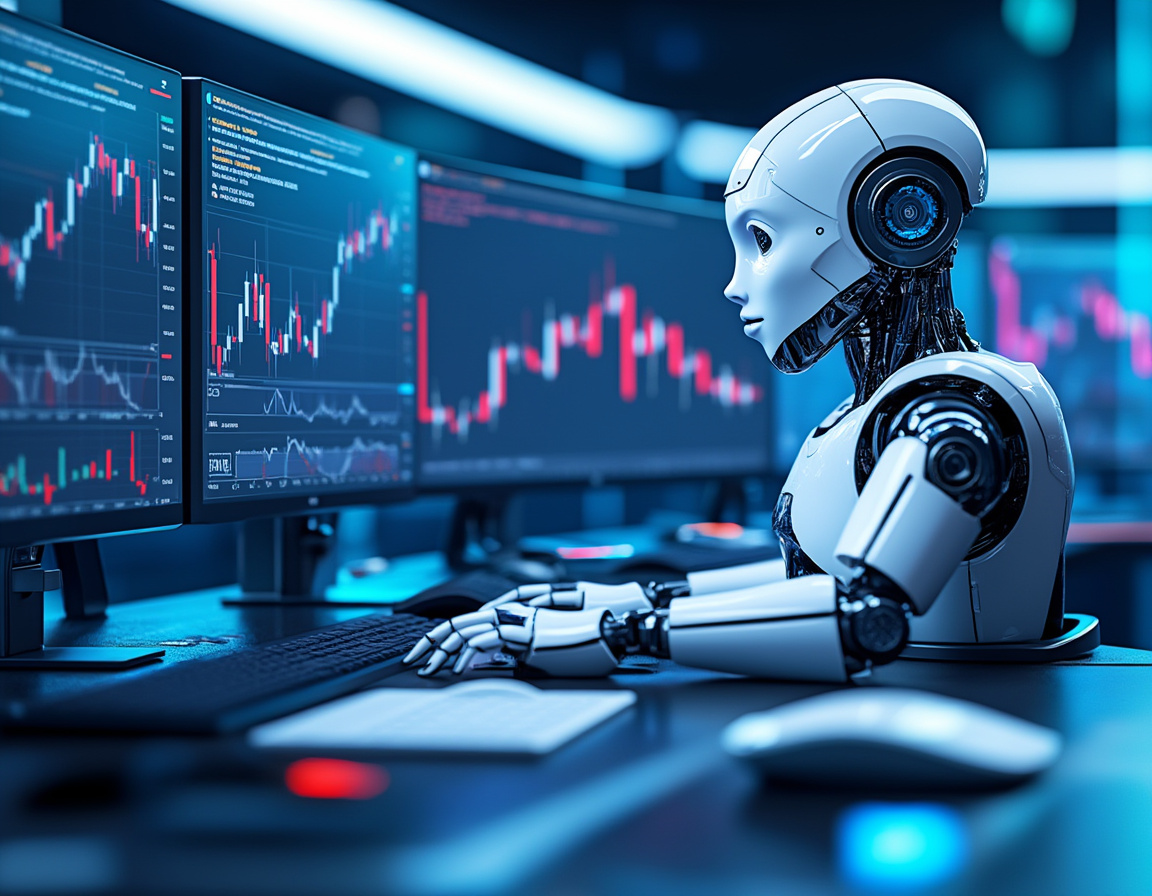 A humanoid AI trading bot analyzes market data at a high-tech workstation surrounded by screens.