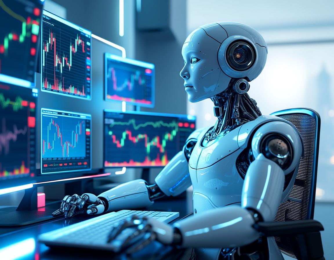 A sleek humanoid AI trading bot analyzes market data in a futuristic financial trading environment.
