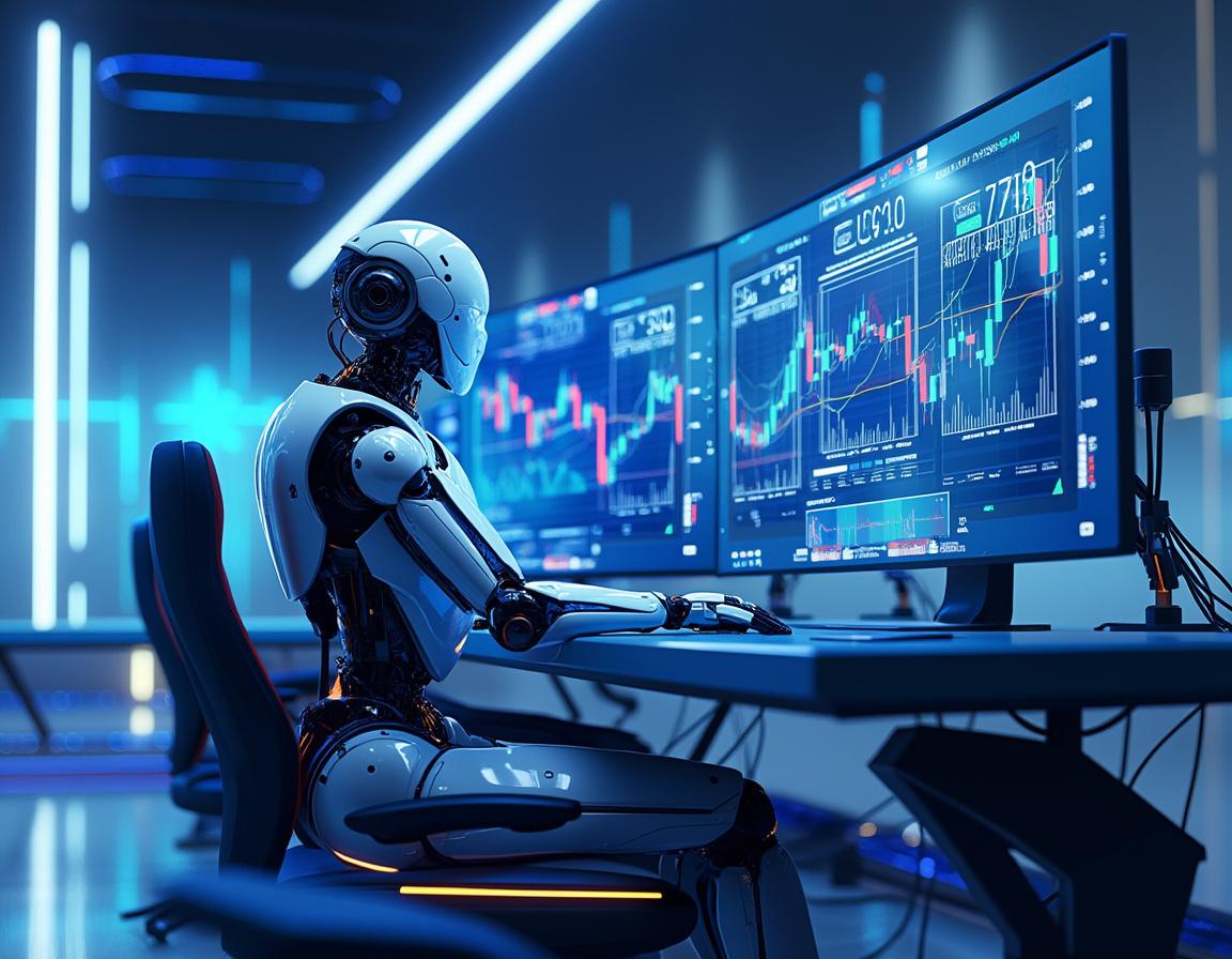 A humanoid AI trading bot at a high-tech workstation analyzing market data across multiple screens.