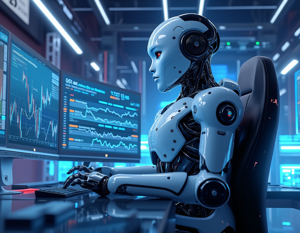 A humanoid AI trading bot at a high-tech workstation analyzing market data across multiple screens.