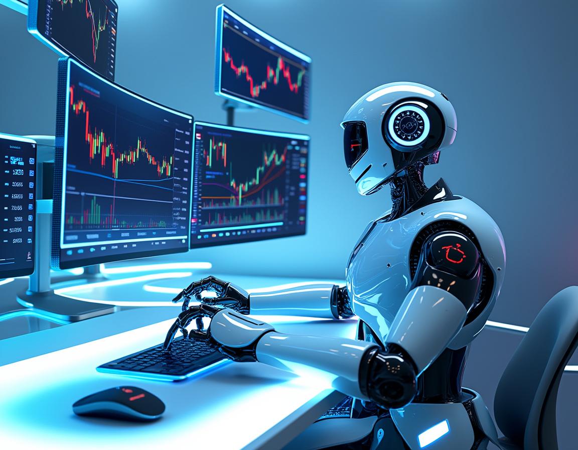 A hyper-realistic AI trading bot seated at a workstation analyzing market data on multiple screens.