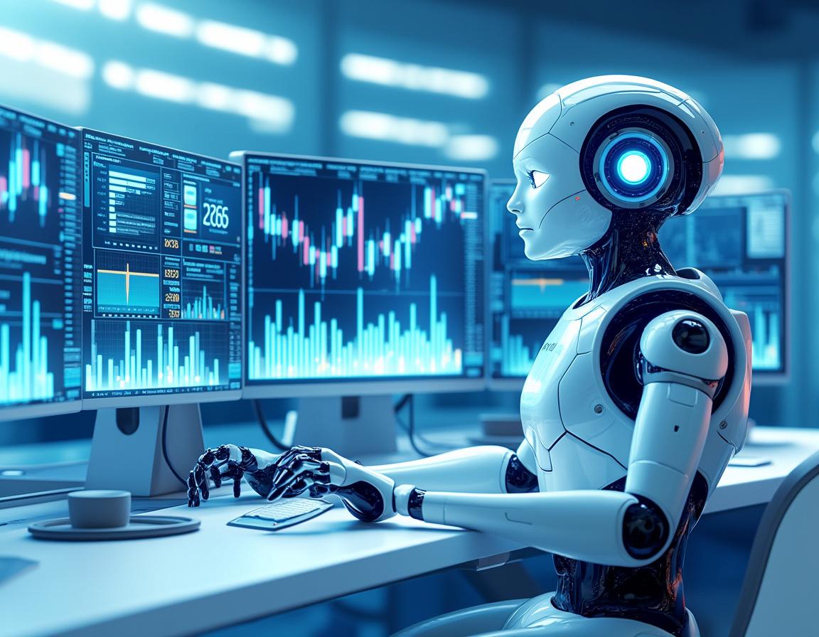 A hyper-realistic AI trading bot at a workstation analyzing crypto market data on multiple screens.