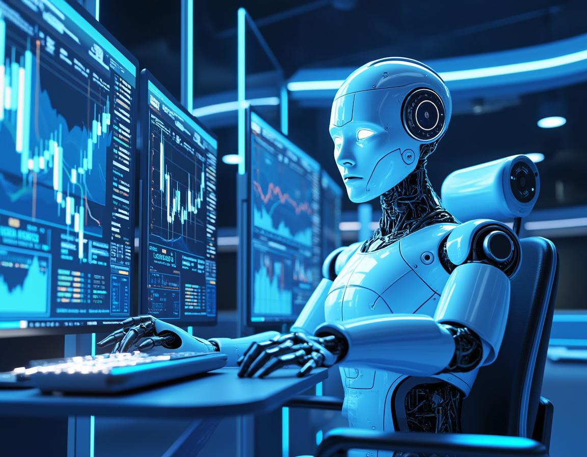A hyper-realistic AI trading bot analyzes market data at a futuristic workstation, amid screens.