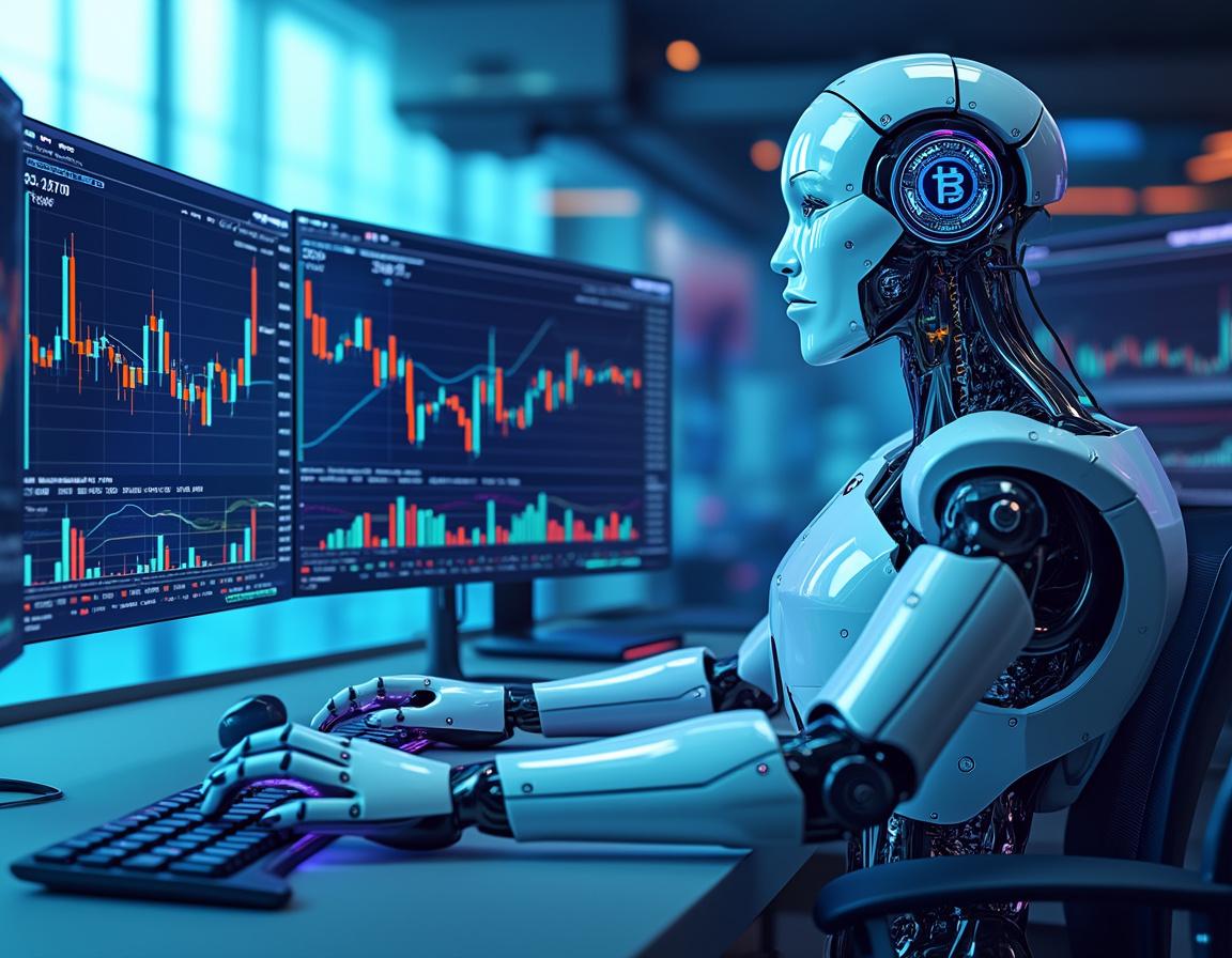 A humanoid AI trading bot at a futuristic workstation, analyzing market data on multiple screens.
