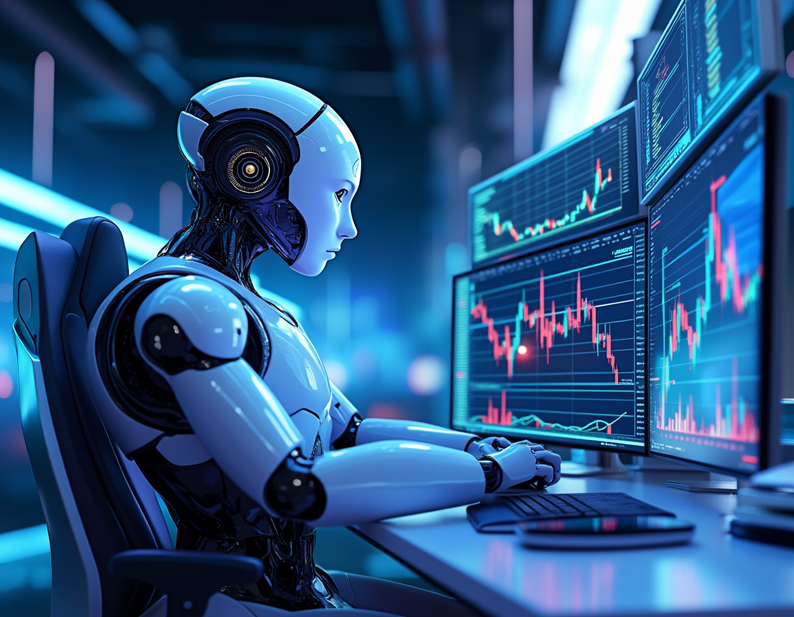 A humanoid AI trading bot analyzes market data at a futuristic workstation with glowing screens.
