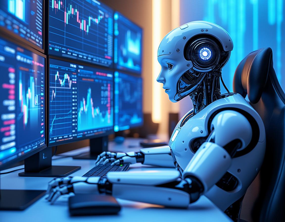 A hyper-realistic AI trading bot at a high-tech workstation analyzing multiple market data screens.