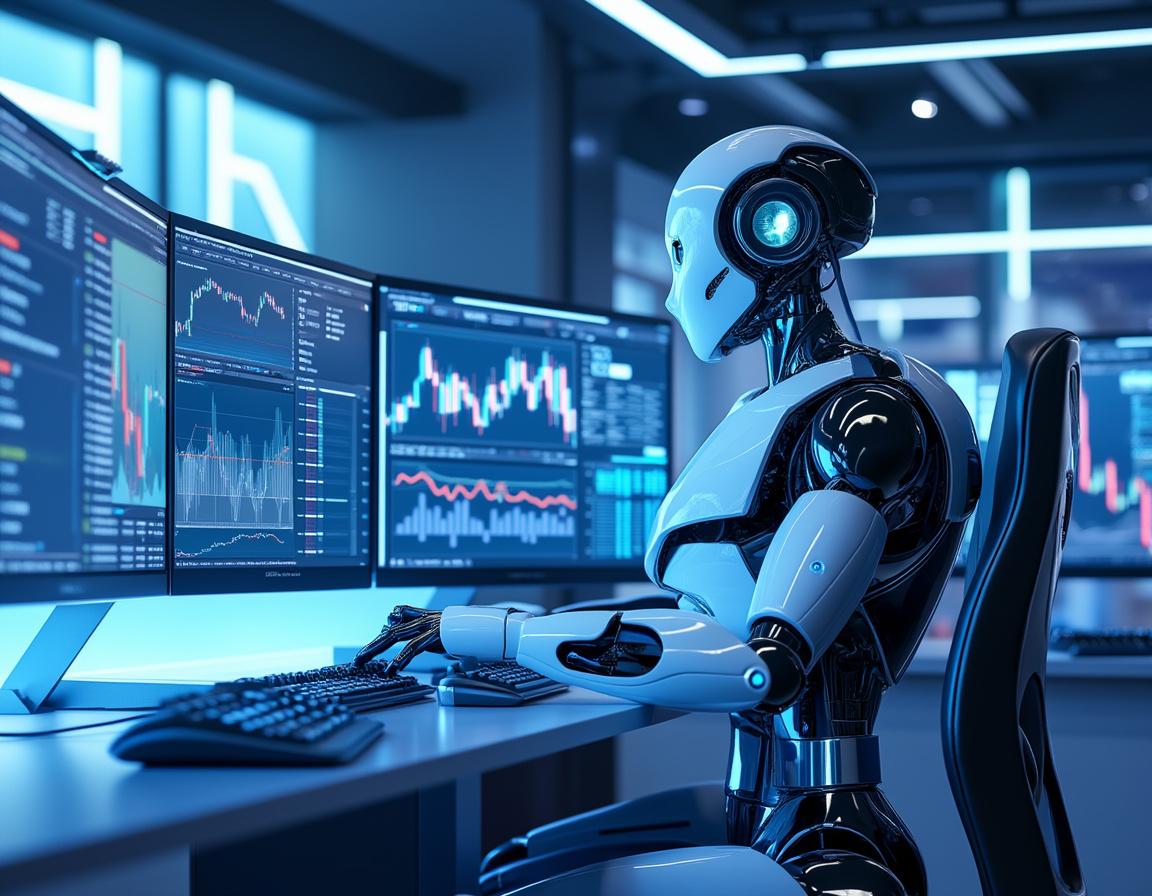 A humanoid AI trading bot at a workstation analyzes crypto and stock data on multiple screens.