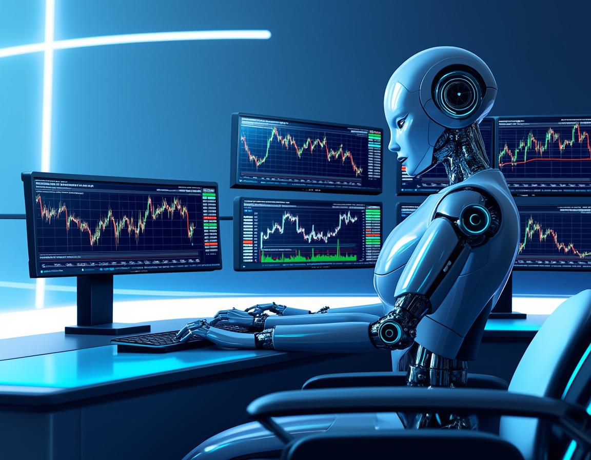 A hyper-realistic AI trading bot analyzes market data in a sleek, futuristic financial workspace.