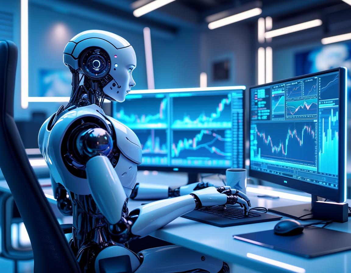 A humanoid AI trading bot at a high-tech workstation analyzing market data across multiple screens.