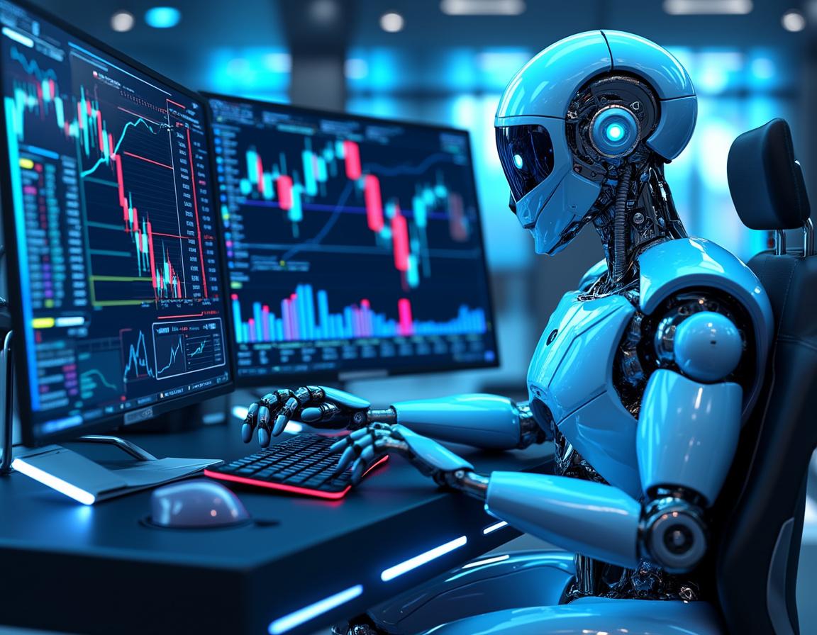 A hyper-realistic AI trading bot at a workstation, analyzing market data on multiple screens.