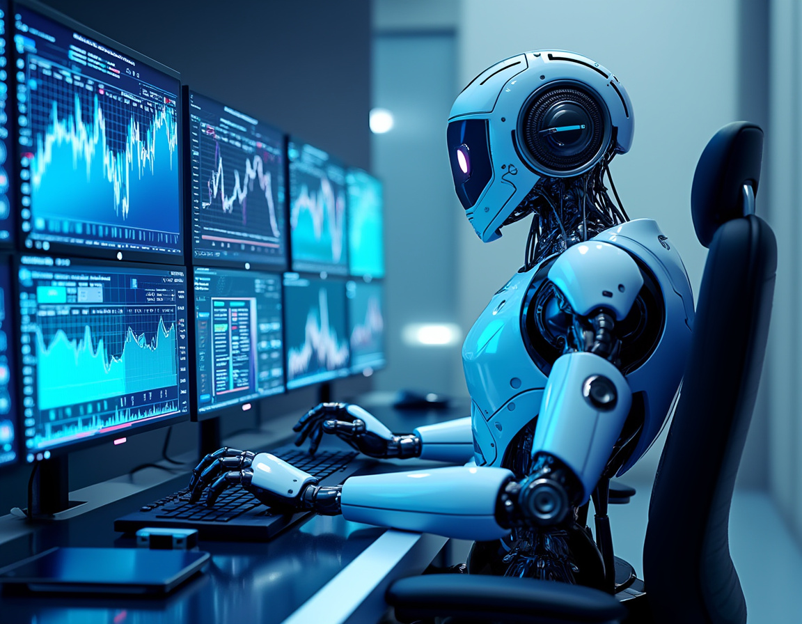 A hyper-realistic AI trading bot at a high-tech workstation analyzing crypto and stock market data.
