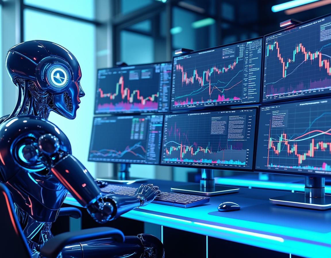 A sleek AI trading bot analyzes market data at a high-tech workstation with multiple screens.