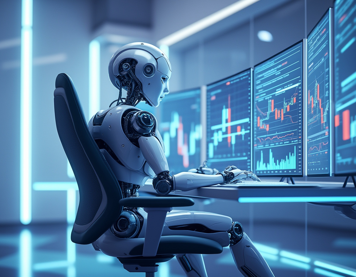 A hyper-realistic AI trading bot at a high-tech workstation analyzing markets on multiple screens.