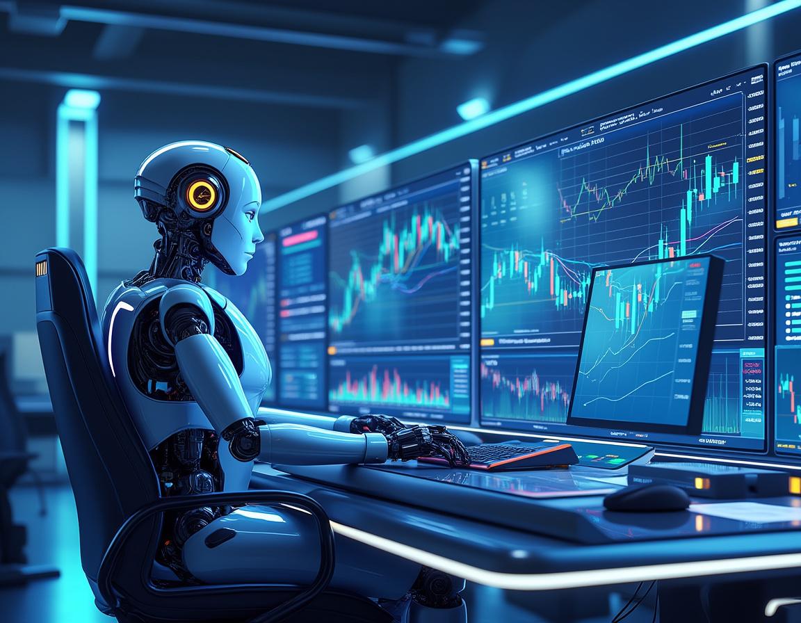 A humanoid AI trading bot in a high-tech workstation analyzes market data across multiple screens.