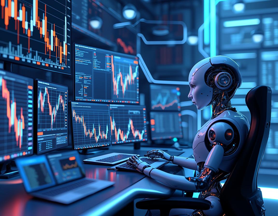 A humanoid AI trading bot at a high-tech workstation analyzing market data on multiple screens.