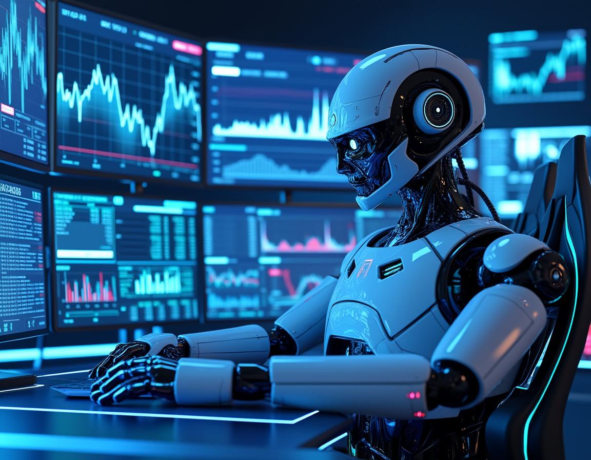 A hyper-realistic AI trading bot at a futuristic workstation analyzing crypto and stock market data.