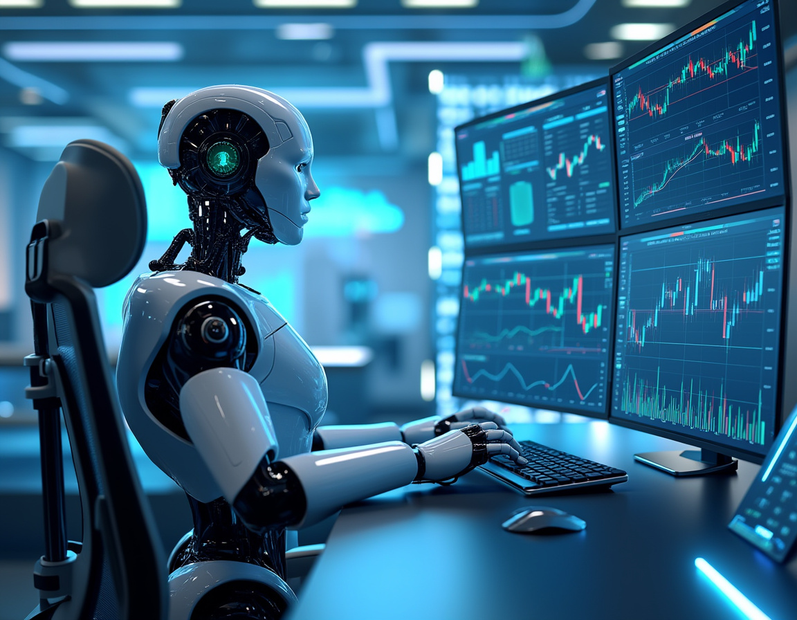 A humanoid AI trading bot analyzes market data at a high-tech workstation with multiple screens.