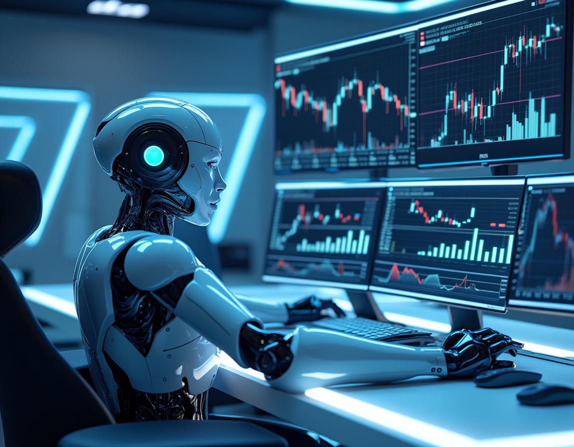 A humanoid AI trading bot at a high-tech workstation analyzing market data on multiple screens.