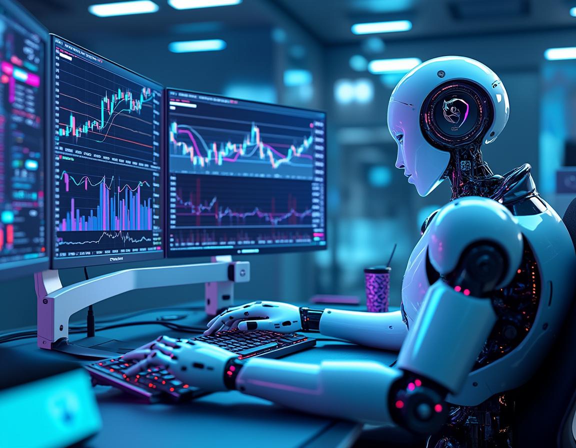 A hyper-realistic AI trading bot at a workstation, analyzing market data across multiple screens.