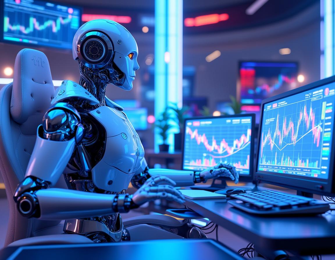 A hyper-realistic AI trading bot at a workstation analyzing market data across multiple screens.