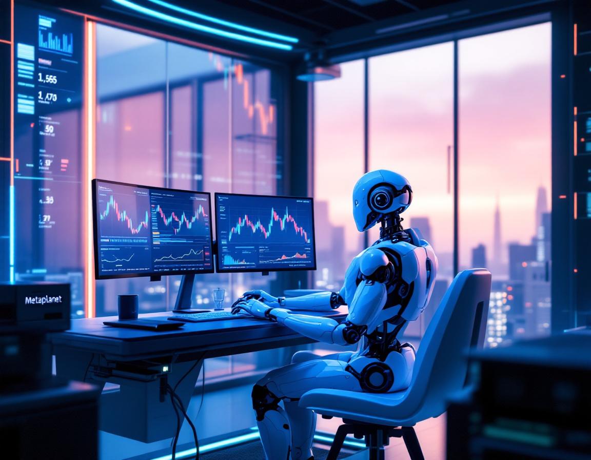 A humanoid AI trading bot at a high-tech workstation analyzing market data across multiple screens.