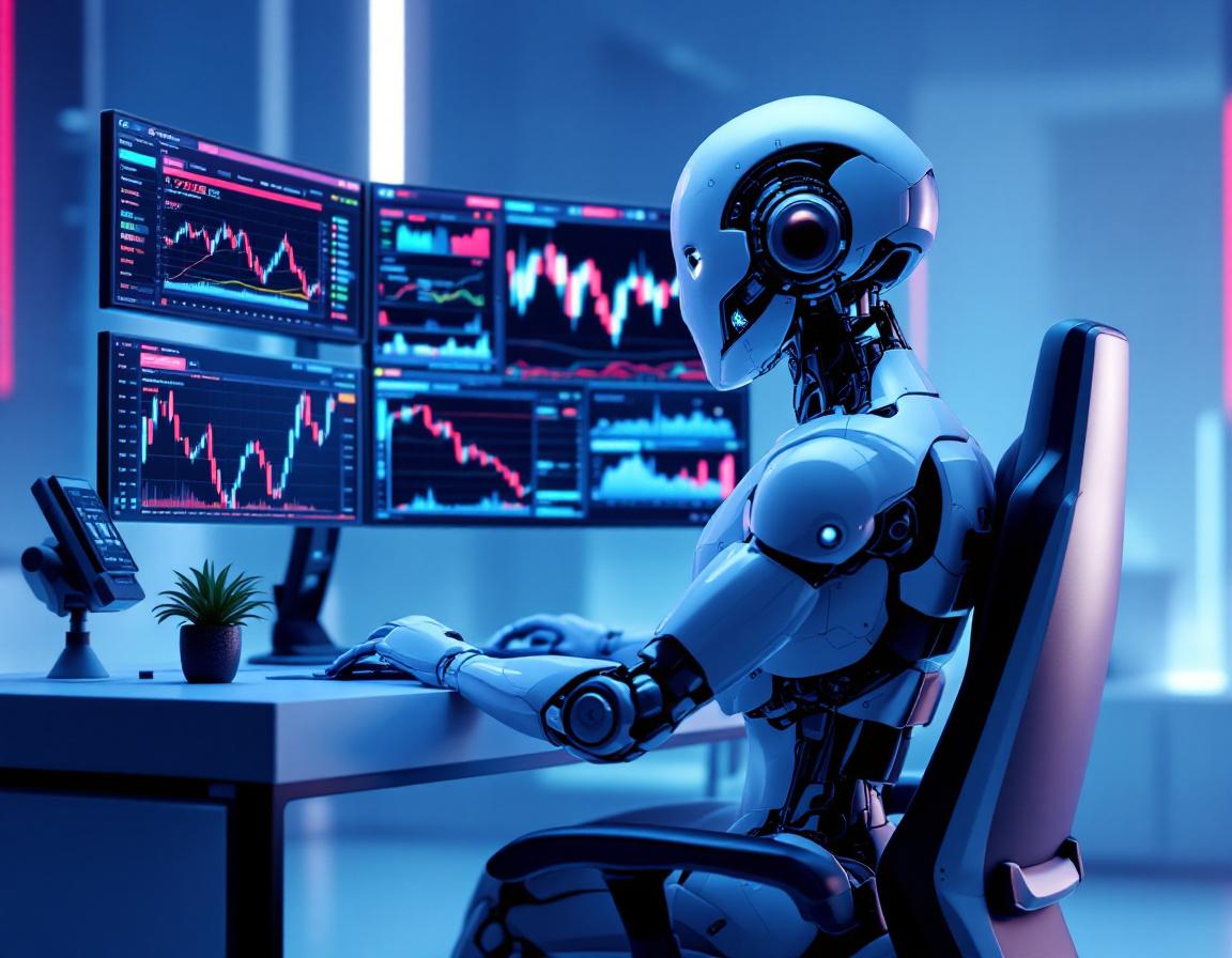 A humanoid AI trading bot analyzes market data at a high-tech workstation with vibrant screens.
