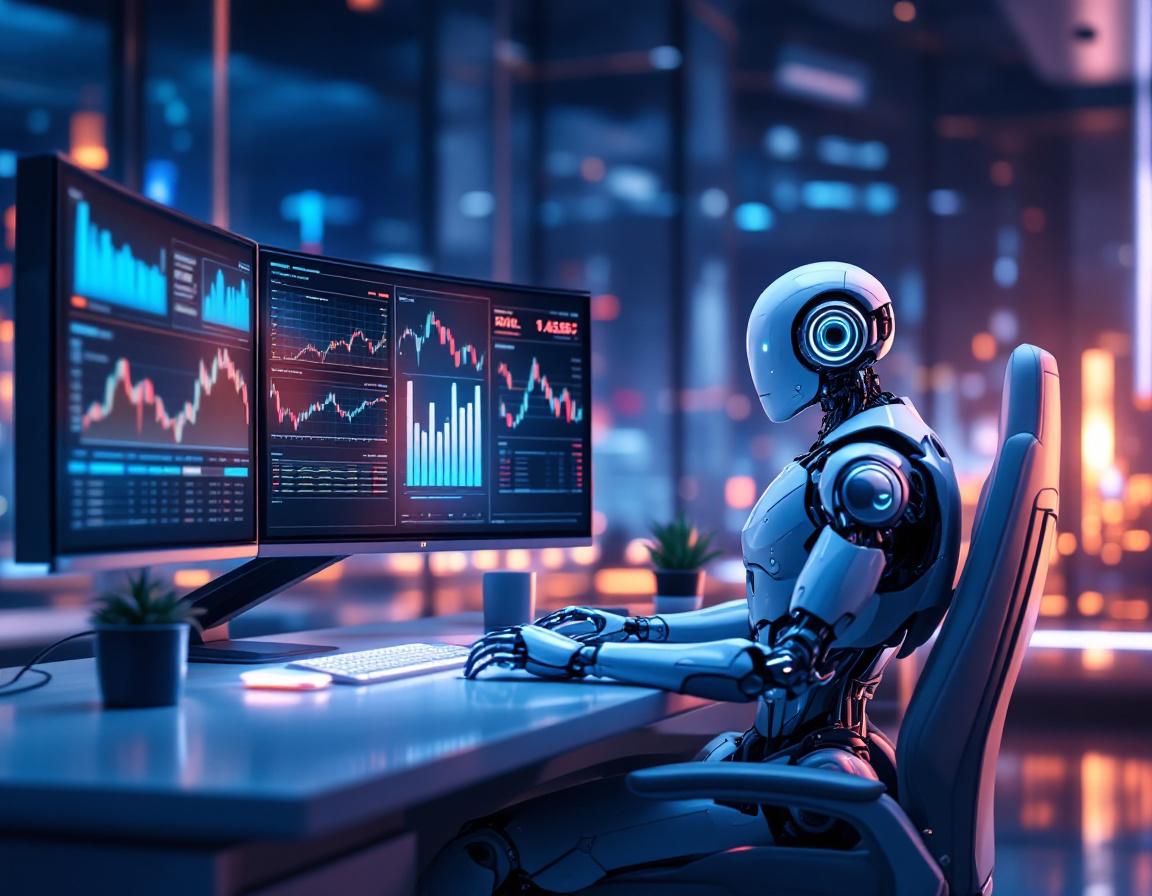 A humanoid AI trading bot at a high-tech workstation analyzing market data across multiple screens.