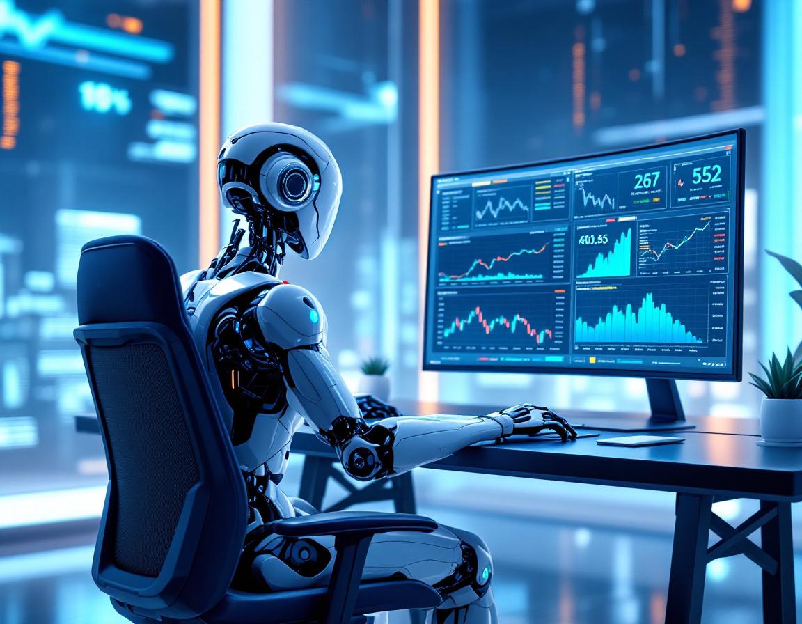 A humanoid AI trading bot analyzes market data at a sleek workstation with multiple glowing screens.