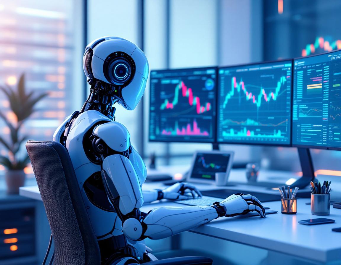 A humanoid AI trading bot analyzes data at a high-tech workstation with multiple market screens.