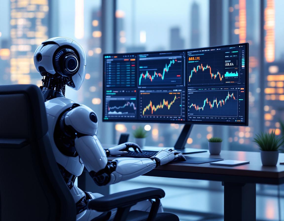 A hyper-realistic AI trading bot analyzes multiple screens of market data in a futuristic setting.