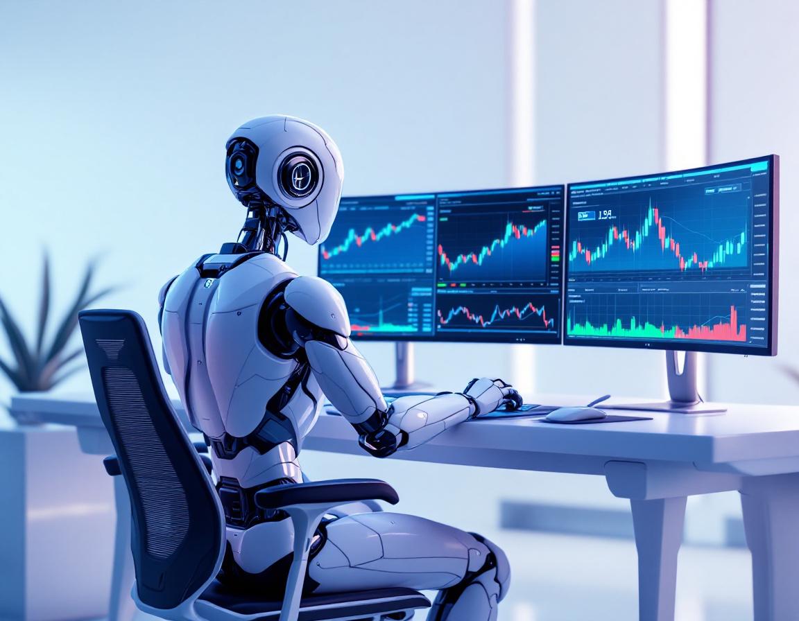 A humanoid AI trading bot at a futuristic workstation analyzing market data on various screens.