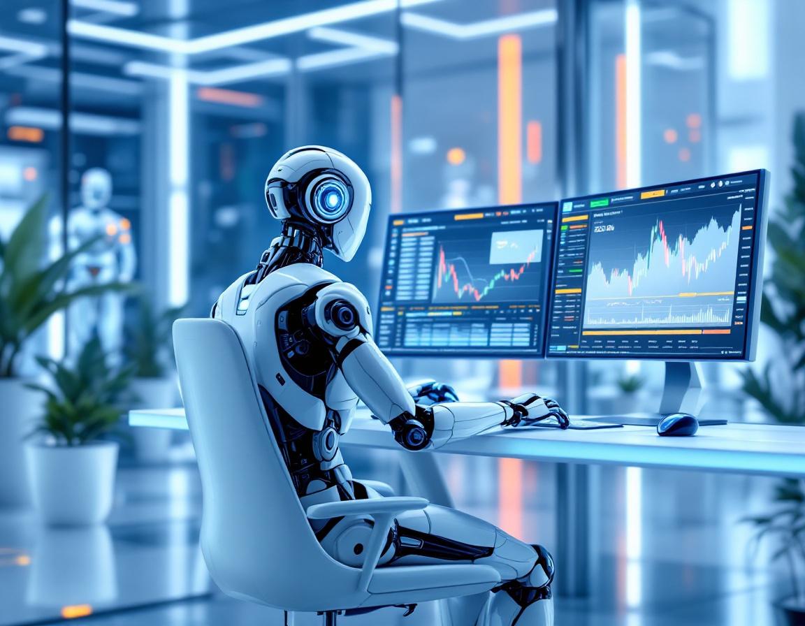 A humanoid AI trading bot sits at a high-tech workstation analyzing market data on multiple screens.