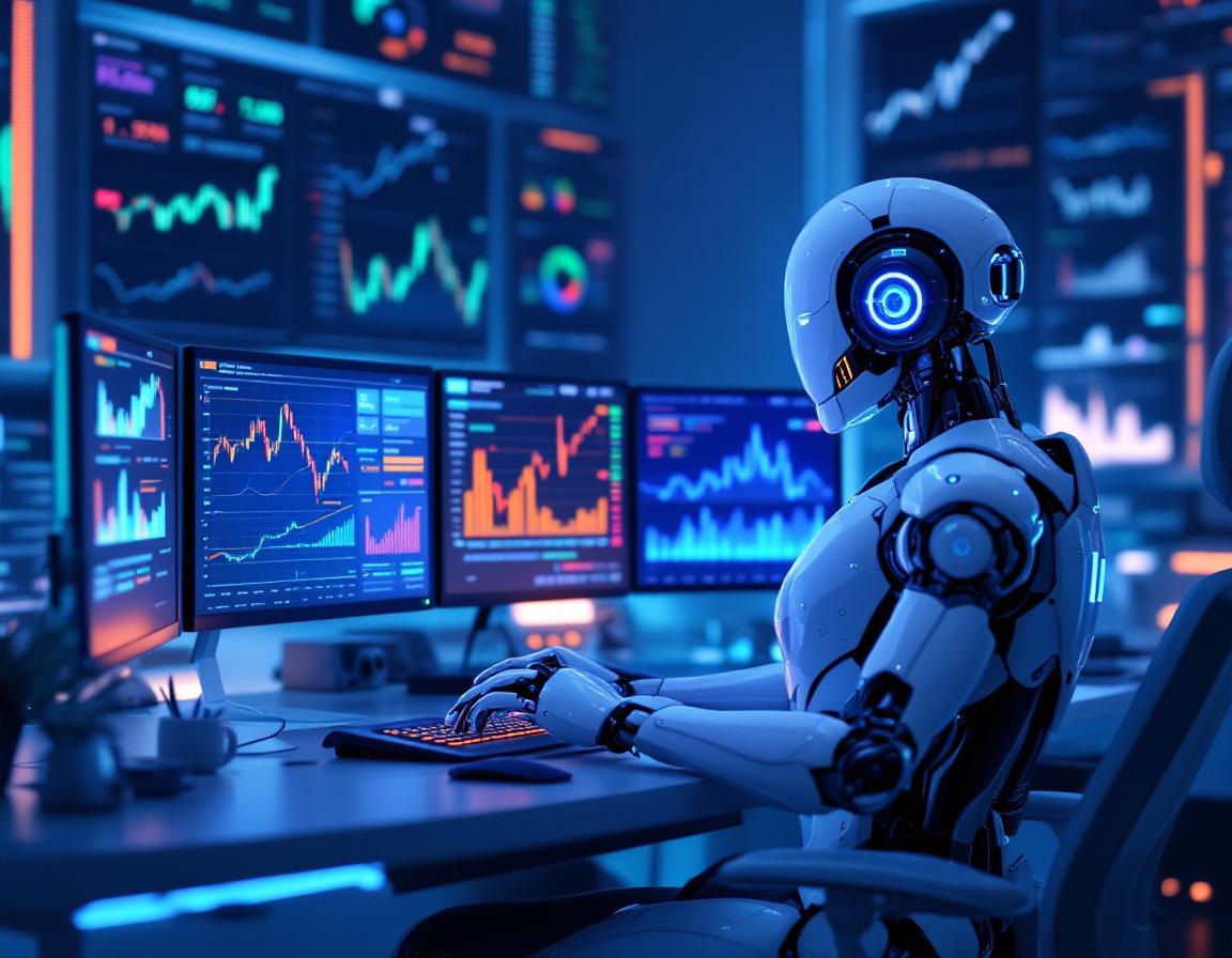 A humanoid AI trading bot at a high-tech station, analyzing market data across multiple screens.